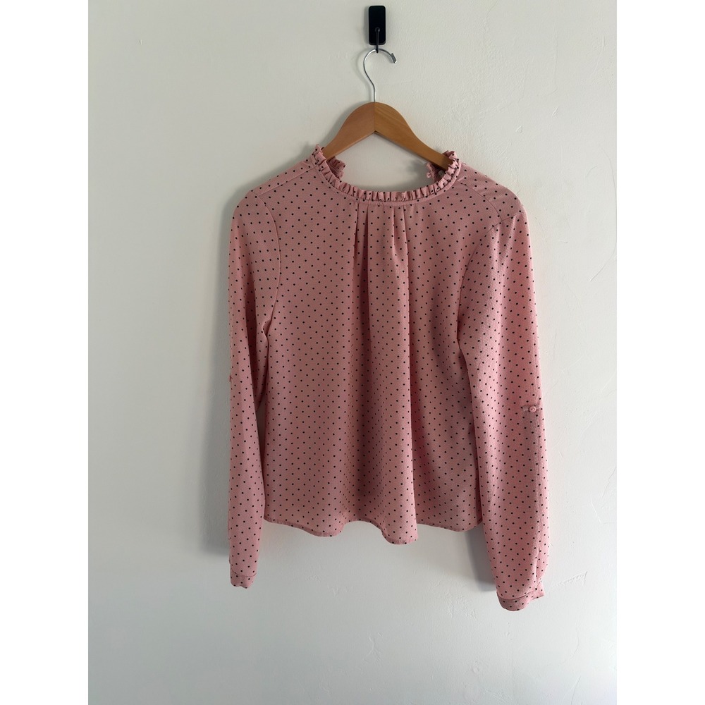 Active USA Pink Polka Dot Ruffle Neck Long Sleeve Roll Tab Blouse Small